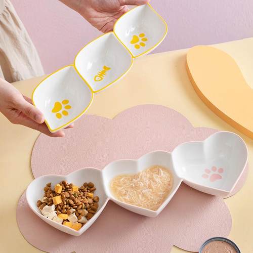 陶瓷三格猫碗防打翻幼猫食盆水碗仓鼠金丝熊鼠龙猫罐头零食猫粮盘
