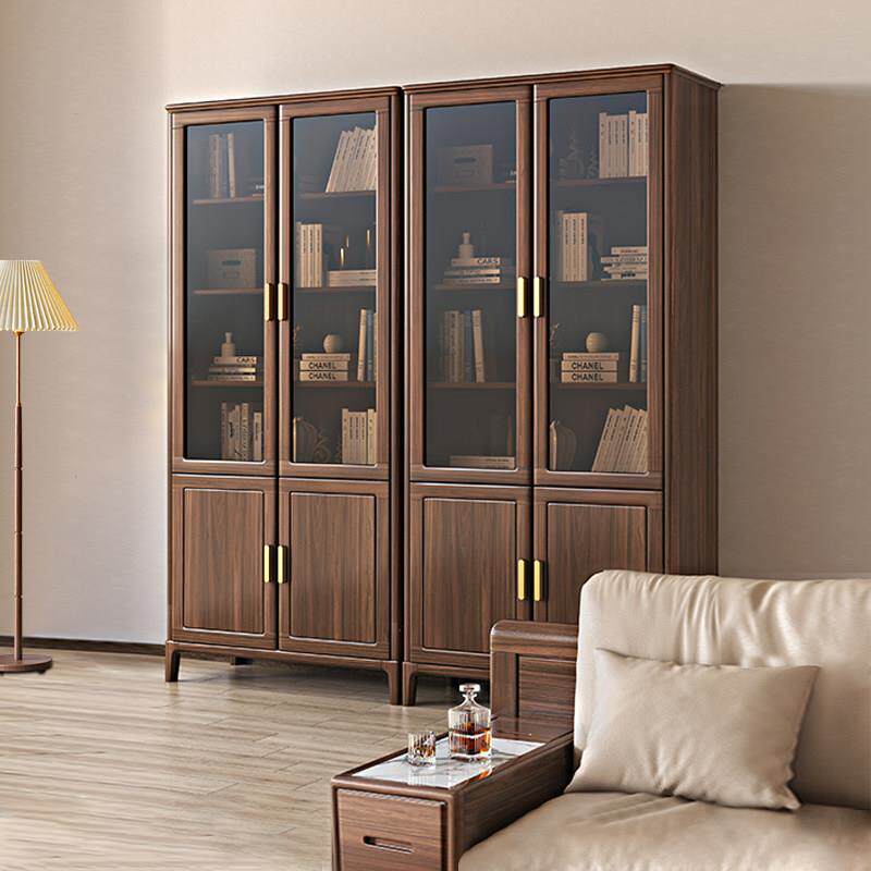 新中式黑胡桃木实木书柜简约现代带玻璃门家用书房书橱实木书架子
