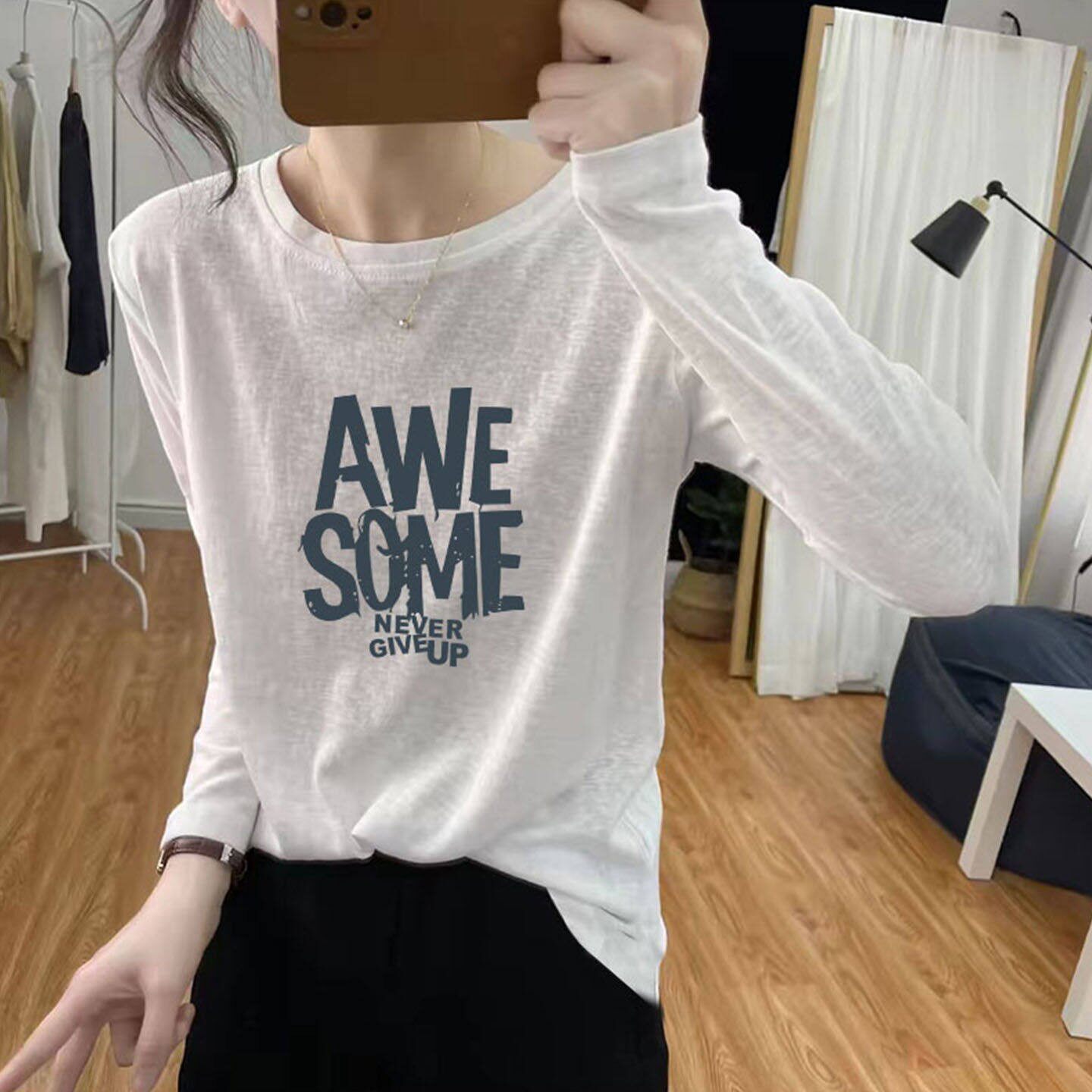韩国春秋季圆领雪花棉长袖T恤女薄款时尚休闲减龄白色上衣防晒衫