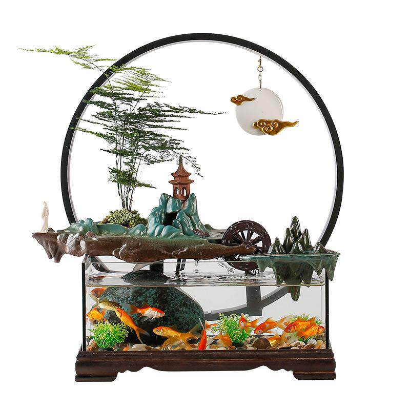 流水生财自循环喷泉金鱼缸中小型水族箱办公桌面装饰摆设开业礼品
