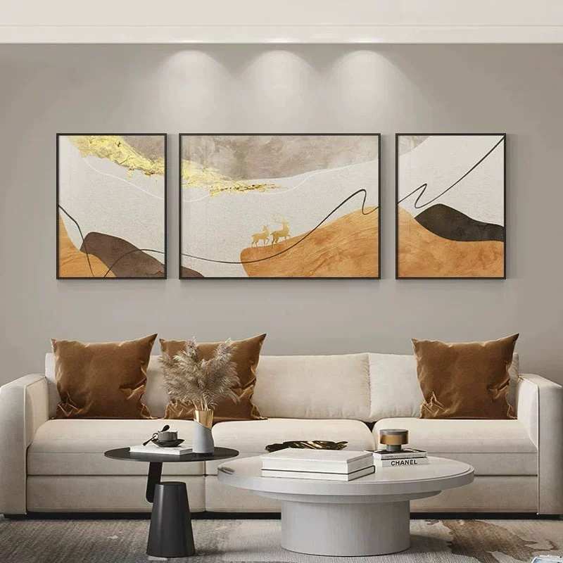 挂画抽象福橙色客厅现代装饰画组合三联背景墙壁画线条鹿简约沙发