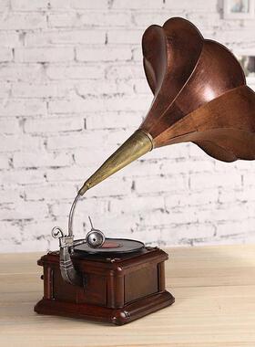 复古铁皮唱机模型黑胶大喇叭铁艺留声机仿古摆件橱窗陈列摆设