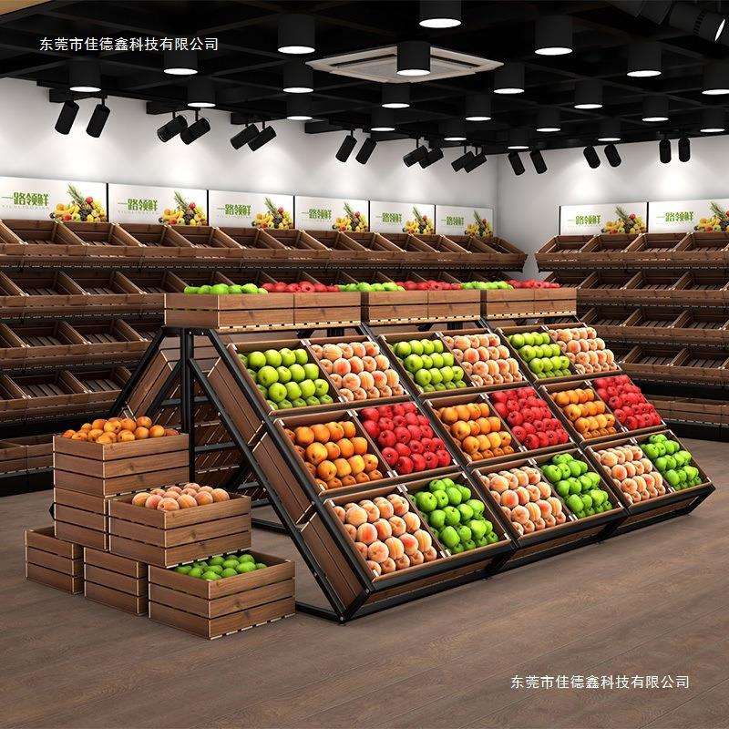超市水果货架展示架蔬菜店钢木生鲜陈列架百果园三层钢堆头中岛柜