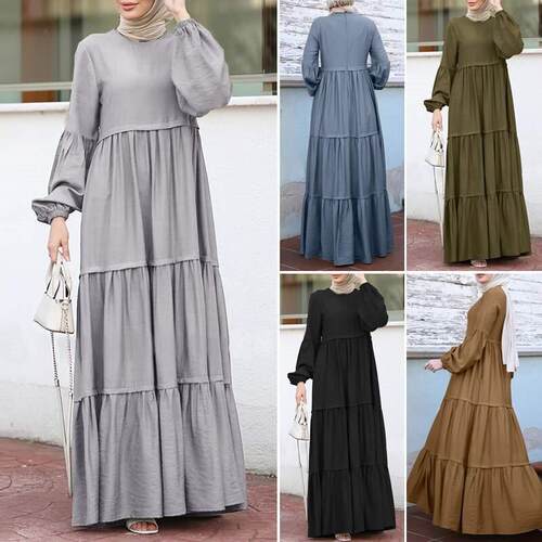 Plain Ruffle Hem Lantern Sleeve Smock Dress Modest Style