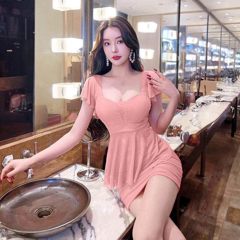 黑色紧身领网纱连衣裙夏新款足疗足浴工服水疗技师性感包臀短裙