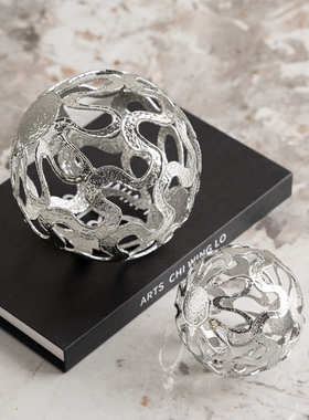 软圆球合金贝子轻奢材质银色几何金属客厅装饰艺摆件高档镂空现代