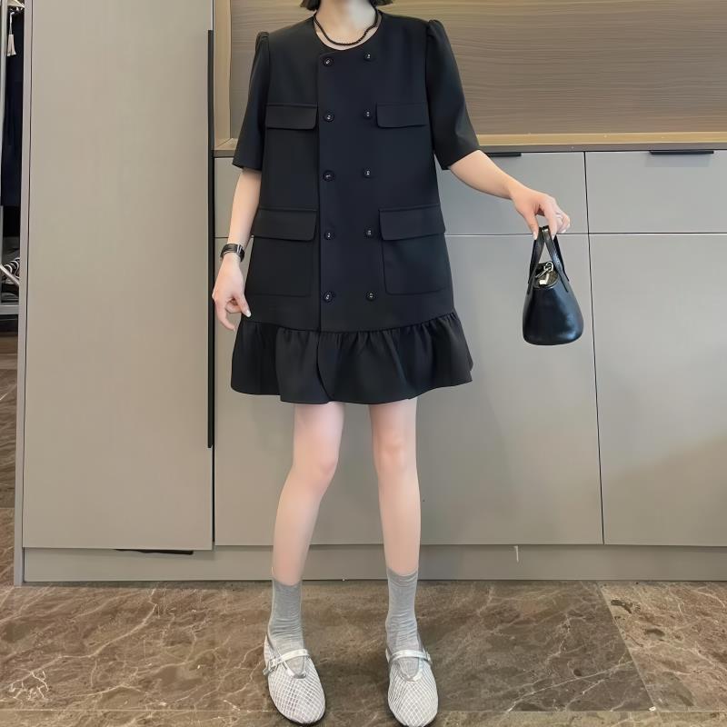 欧洲站时尚气质双排扣短袖洋装女2025年夏季大尺码显瘦荷叶边短裙