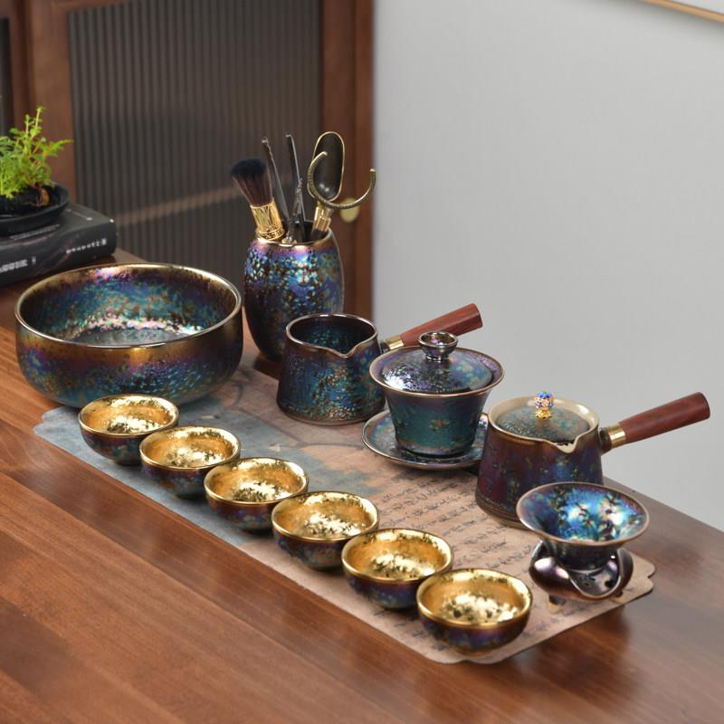 窑变七彩鎏金茶具套装办公茶壶茶杯泡茶陶瓷功夫茶具盖碗家用