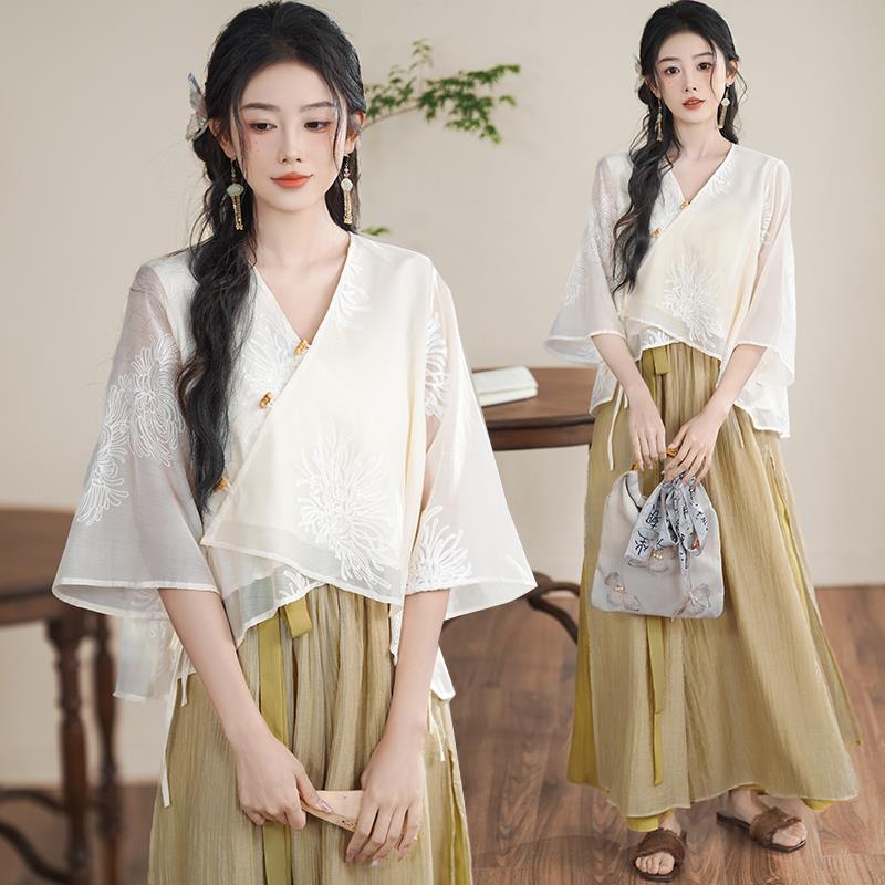 禅意刺绣新中式国风汉服套装女2025夏季斜襟盘扣宽松上衣裤裙茶服