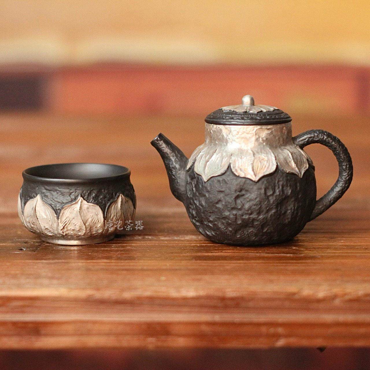 空)黑泥紫砂鎏银荷花壶 泡茶家用陶瓷功夫茶具中式高档茶水过滤