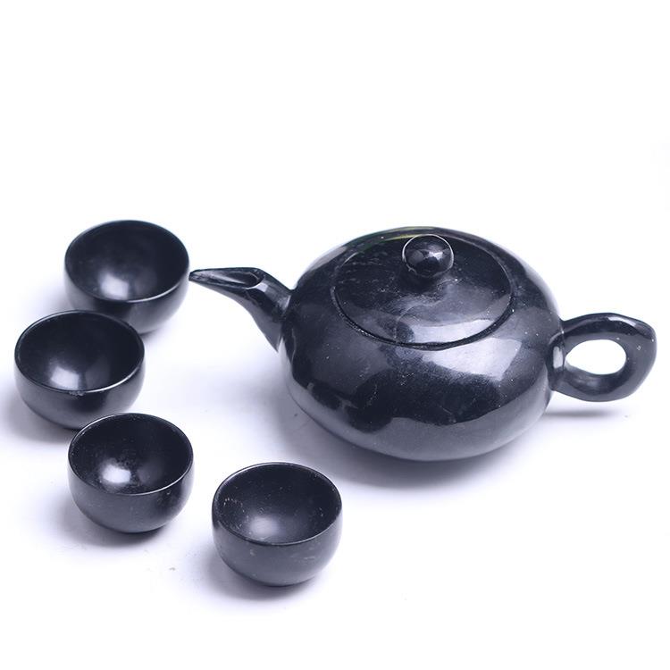 蓝田墨玉黑绿玉喜上眉梢茶壶 橄榄石祁连玉墨玉茶具