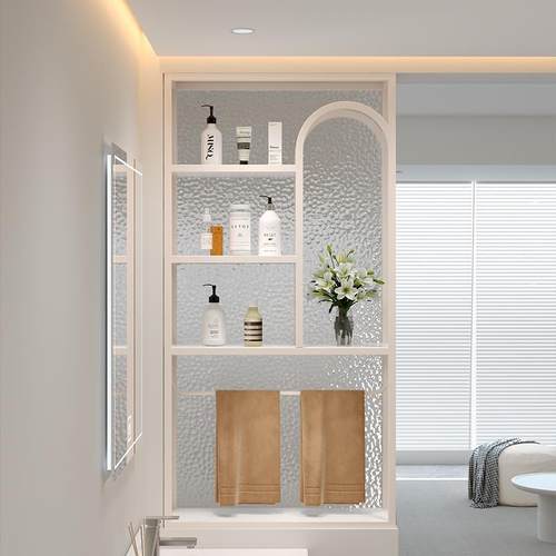 卫生间半墙隔断屏风干湿分离浴室洗漱台铁艺不锈钢置物架子奶油风