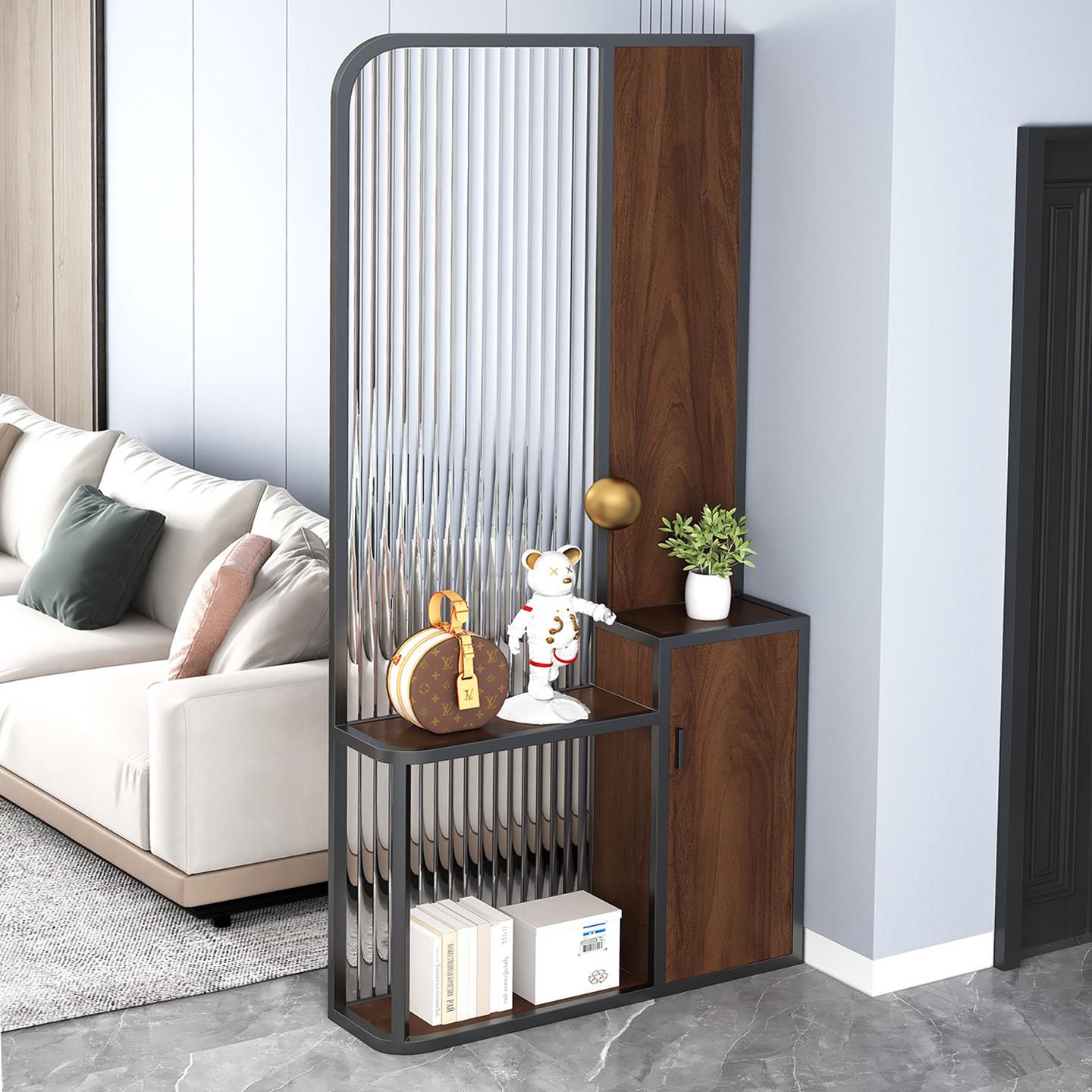 新中式玄关入户正对门玻璃隔断置物柜客厅沙发现代简约可移动屏风