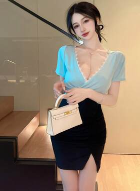 夜总会女装性感夜总会服装夜总会工作服v领色块剪裁修身Look紧身