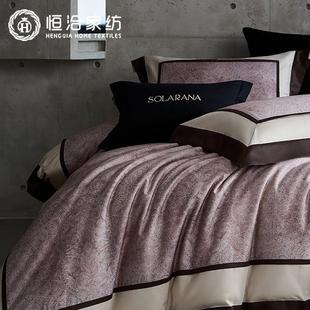 高端轻奢风海岛棉四件套高支高密纯棉全棉印花被套床上用品粉金色