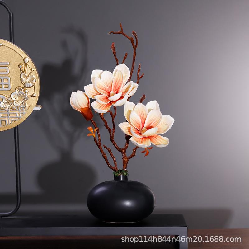 新中式仿真玉兰花套装陶瓷花瓶桌面摆放花卉高档逼真客厅假花摆件