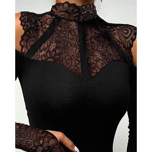 蕾丝拼接紧身连体衣 Contrast Lace Cold Shoulder Bodysuit