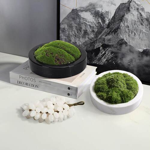 现代新中式茶几边大理石永生青苔防真花盆装饰品样板房售楼处摆件