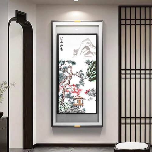 新中式玄关装饰画江山如画高档大气苏绣山水挂画走廊过道刺绣壁画