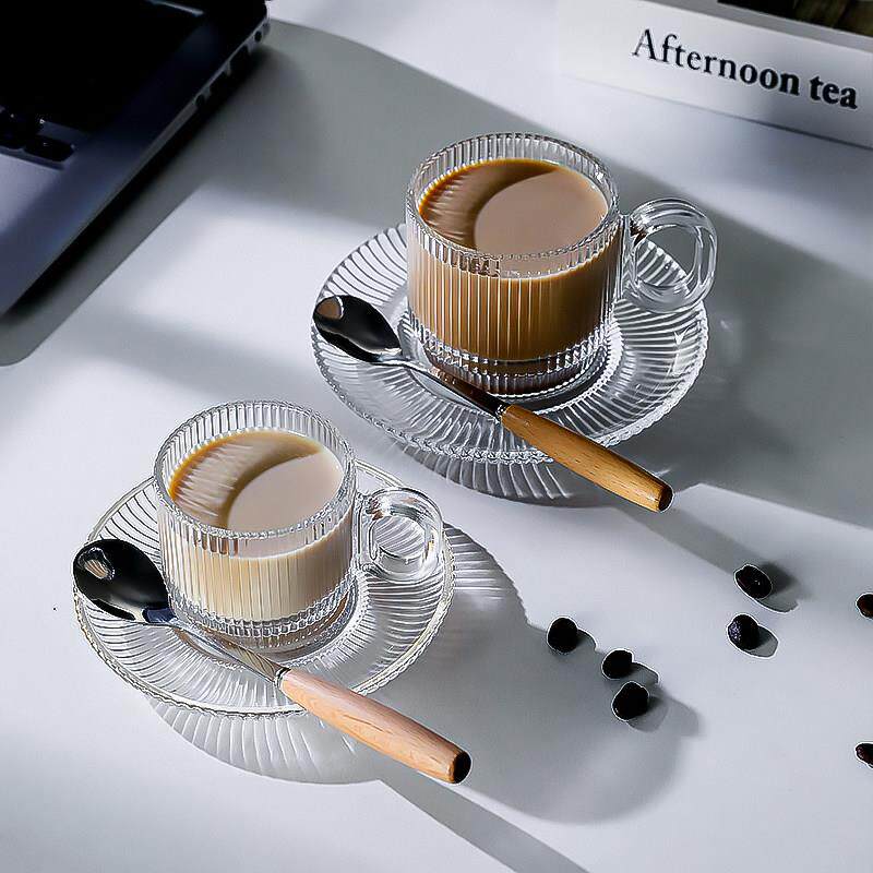 咖啡杯碟套装竖条纹浓缩冷萃拿铁拉花玻璃杯子可叠下午茶杯ins风