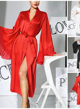 Big horn sleeve long nightgown with tie and high slit home
