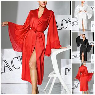Big horn sleeve long nightgown with tie and high slit home