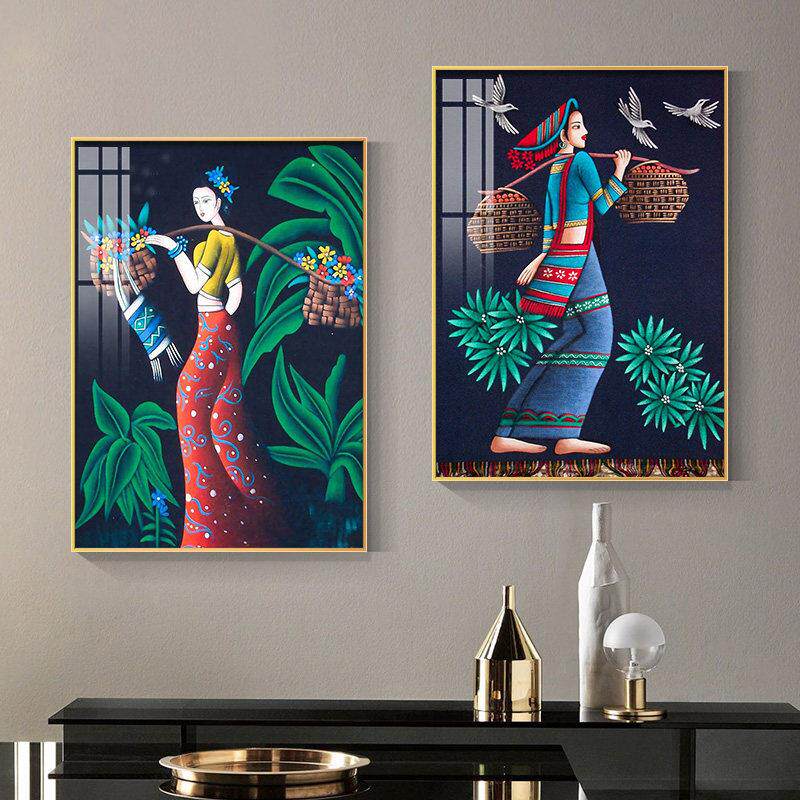 云南少数民族风挂画美女艺术人物装饰画酒店民宿壁画玄关过道墙画
