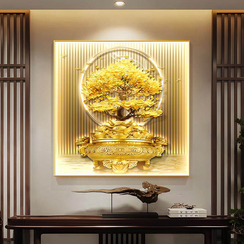 新中式招财树正方形玄关装饰画聚宝盆饭厅挂画轻奢带灯发光壁画