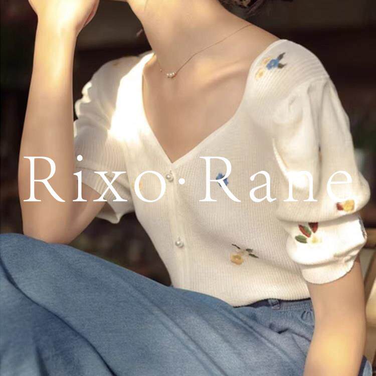 法国Rixo Rane 法式绣花针织衫女v领正肩t恤泡泡袖冰丝别致上衣