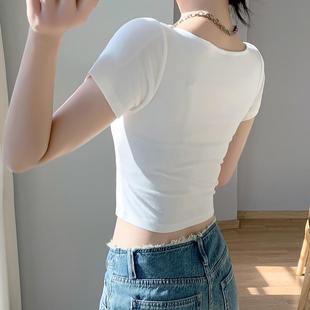 短款 短袖 夏季 高腰露脐上衣女小众小款 t恤修身 纯棉纯色方领半截袖