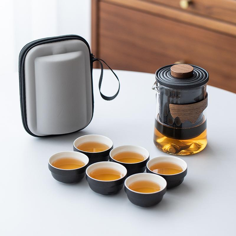 远山户外便携式陶瓷玻璃旅行茶具套装简约风一壶三杯六杯