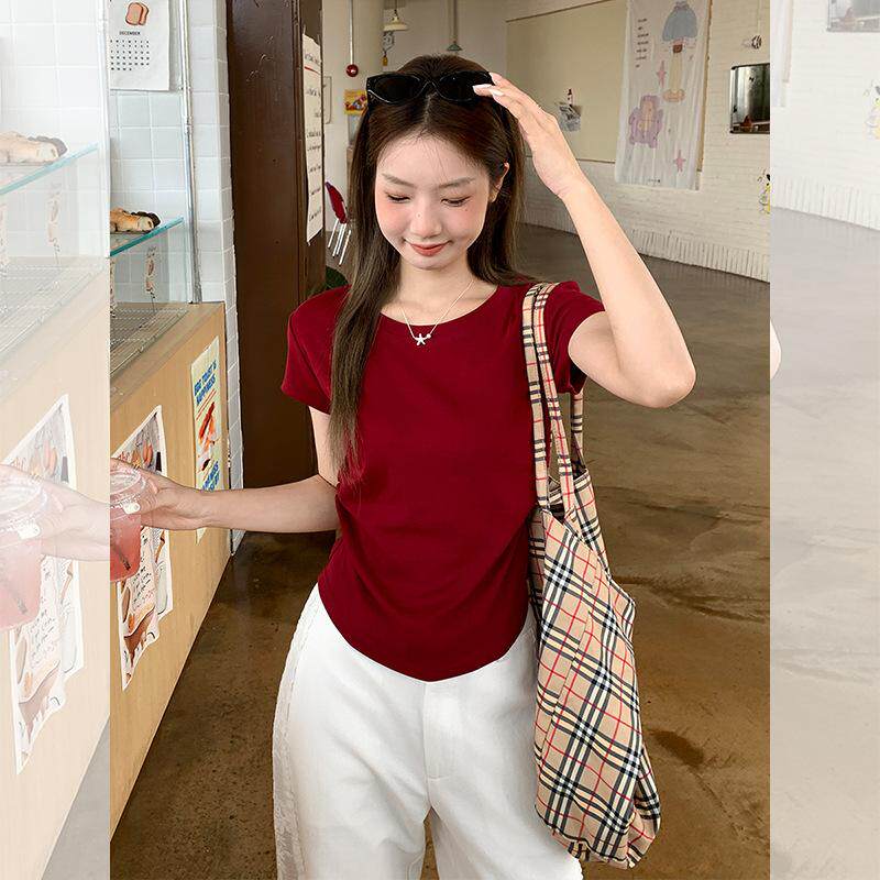 酒红色圆领正肩显白短袖T恤女夏季小个子修身褶皱收腰蝴蝶结上衣