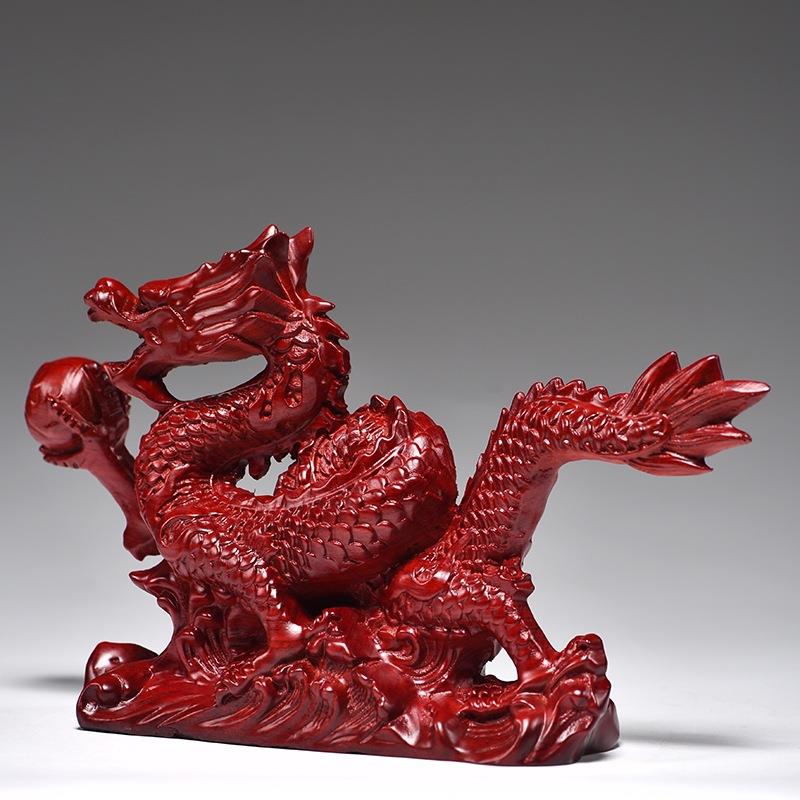 红色实木雕刻龙摆件十二生肖五爪龙客厅电视柜装饰工艺品新居送礼