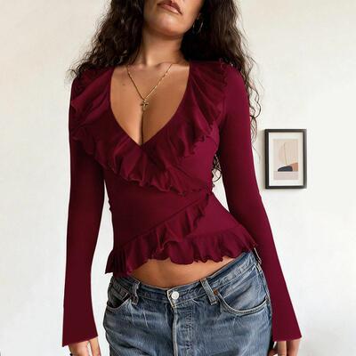 Elegant Ruffle Tie Long Sleeve Top Womens Fashionable Blouse