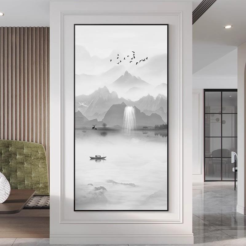 式中玄关走廊过道装饰画新水福鹿墨画风景画办公室茶挂画竖版山水