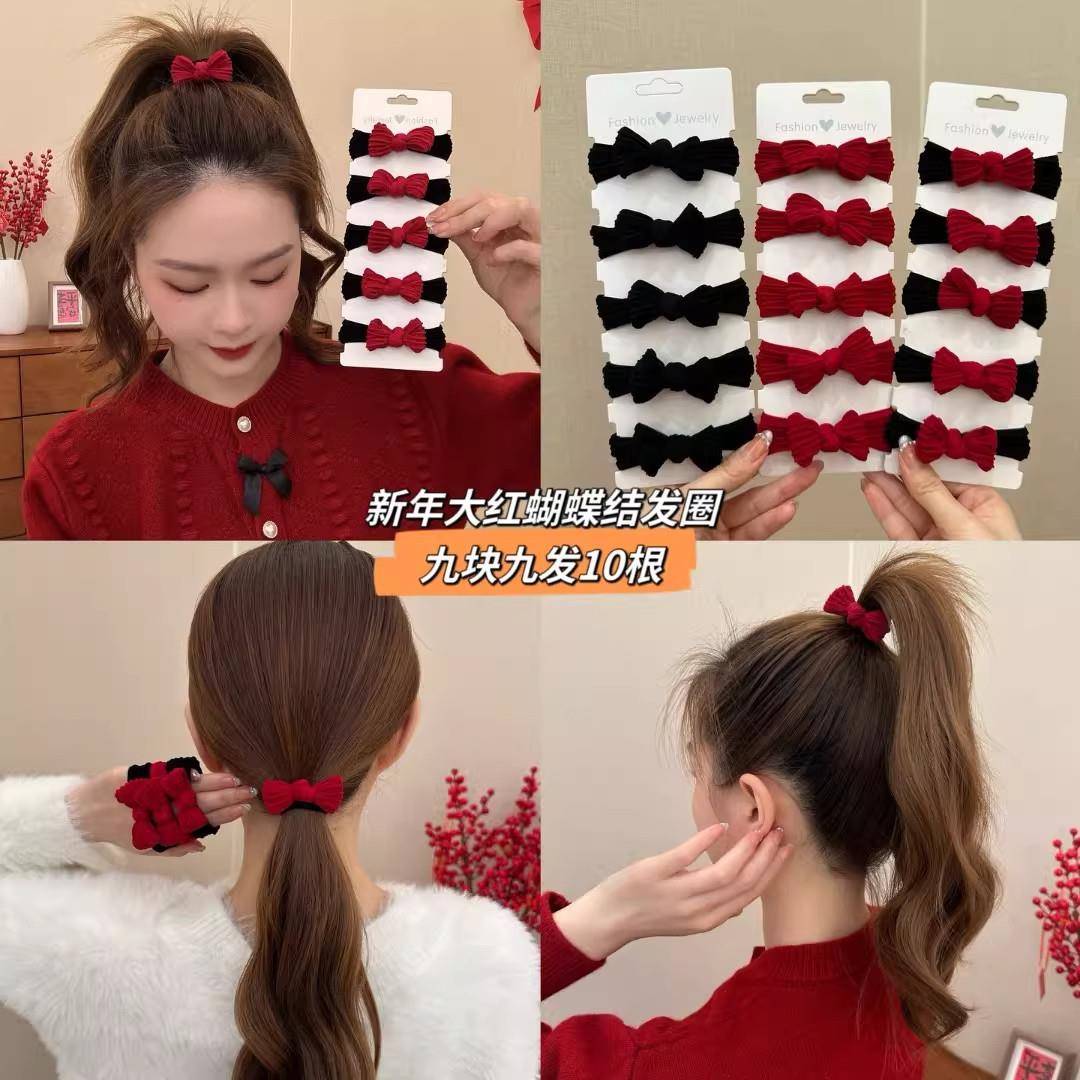 新年高品质蝴蝶结红色发绳秋冬加粗加厚高弹力甜美百搭发圈女头绳