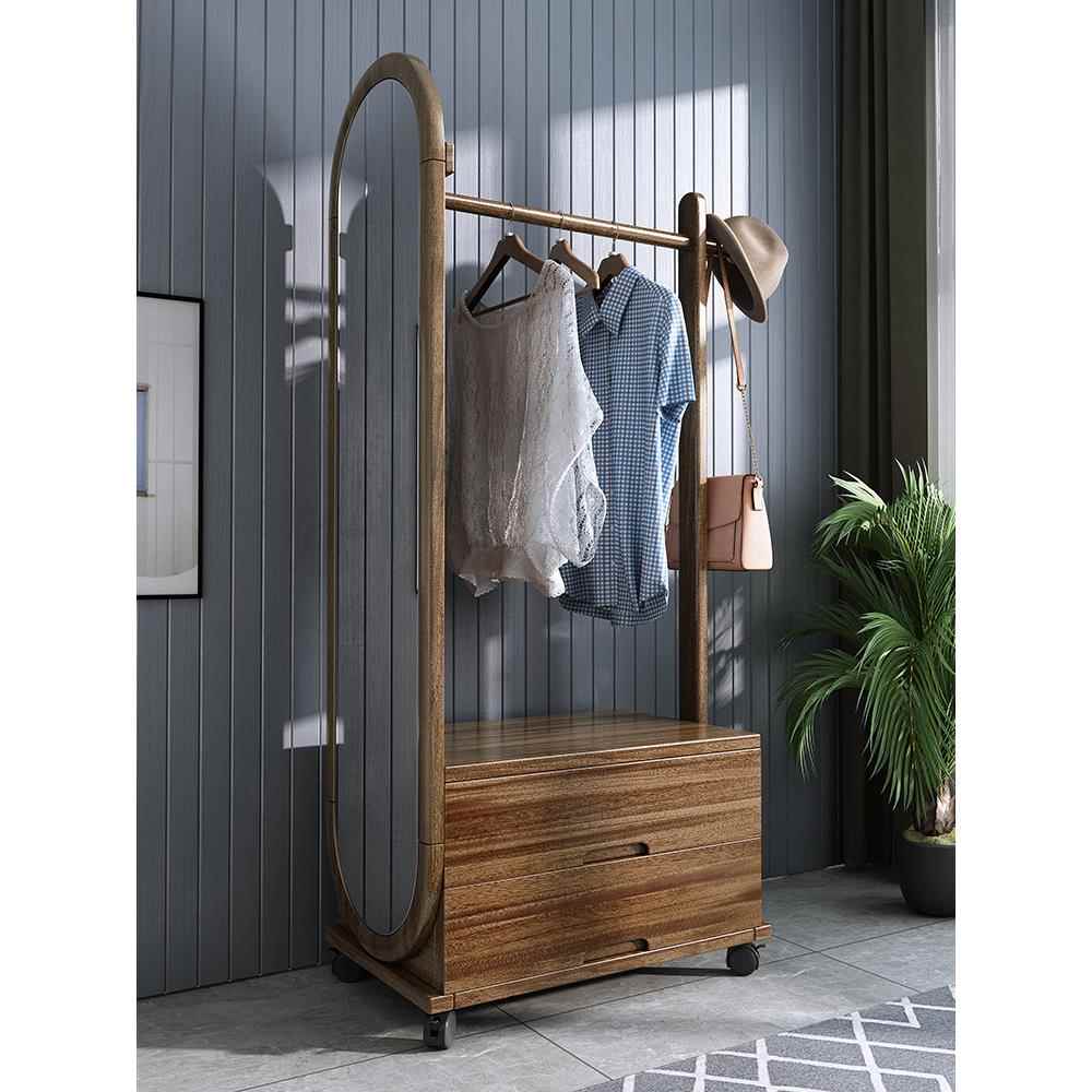 ZOI胡桃木实木衣帽架子带镜挂衣架穿镜一衣落地卧体室家用多功能