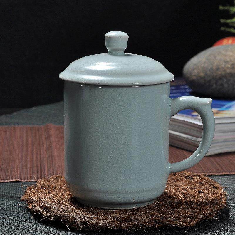 精品青瓷覆古功夫茶杯子带盖子大号彷宋汝窑茶具开 片可养陶瓷办