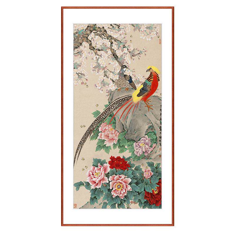 裱画定制新中式客餐厅竖幅花鸟级感过道画中古风入户玄关复古画