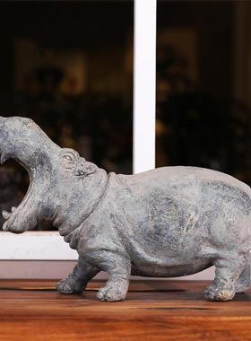 河马件动物雕居塑树脂工艺品客厅办间公室1玄关样板摆家软装饰品