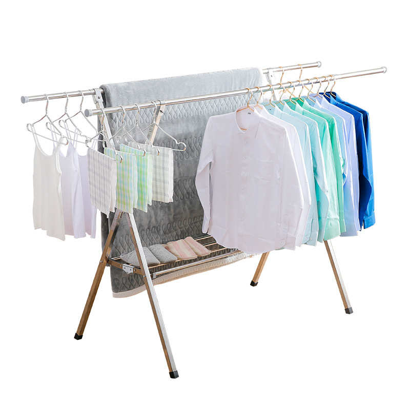 鞋架厂家架型晒衣多功能折叠不锈钢落地式伸缩晾衣架直供带双杆x