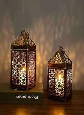 temu特色欧式铁艺提灯镂空风灯做旧蜡烛烛台氛围装饰复古摆件