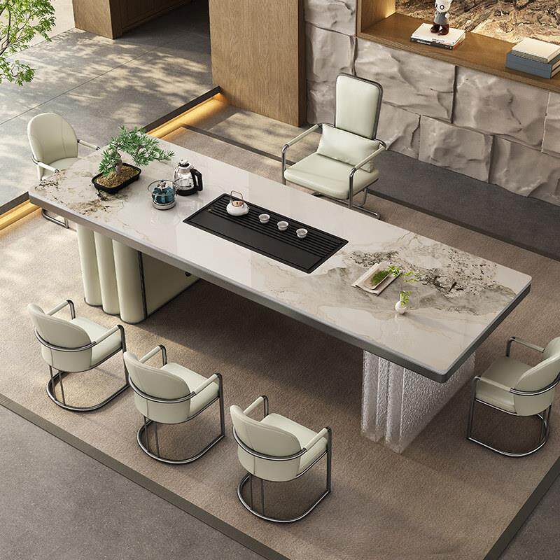 新中式实木岩板茶台桌现代意式别墅设计师款高端办公室茶桌椅组合