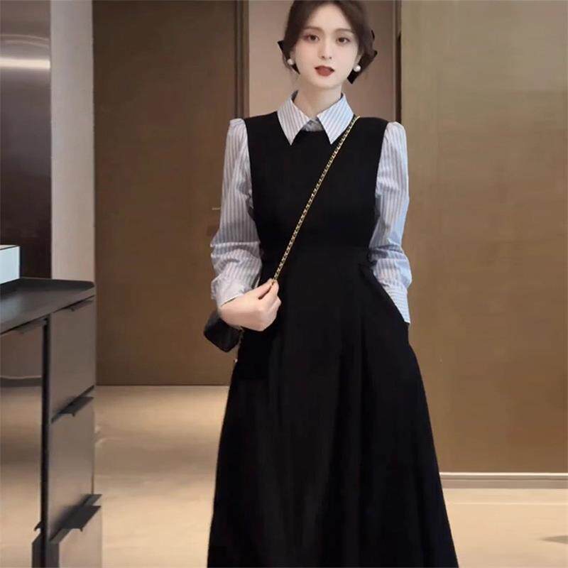 欧洲站新款春装搭配一整套高级感条纹衬衫黑色吊带裙两件套女
