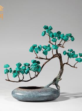 铜金岁月石韵天成黄铜松树摆件客厅玄关角柜样板间软装彩铜工艺品