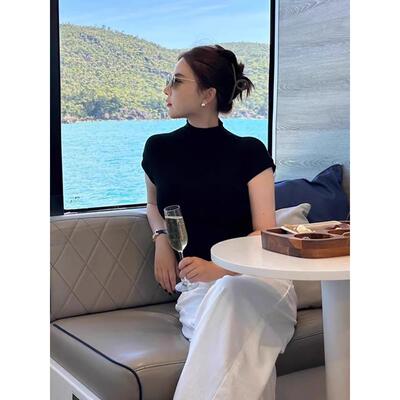 2025夏季新款半高领针织衫女短袖修身显瘦短款百搭包肩冰丝T恤