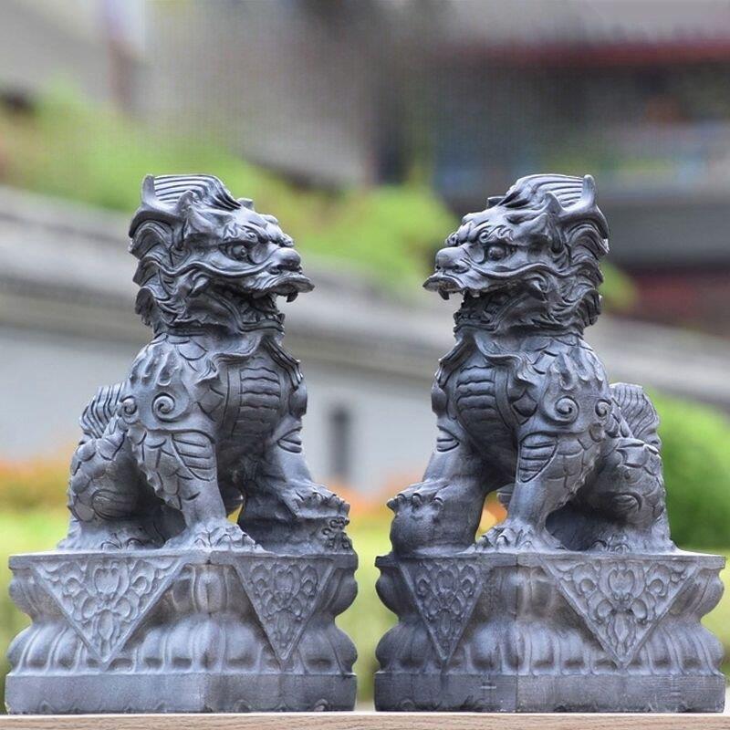 石雕石头青石麒XAN麟件一对公母看宅镇门门家用庭摆门前口院麒麟
