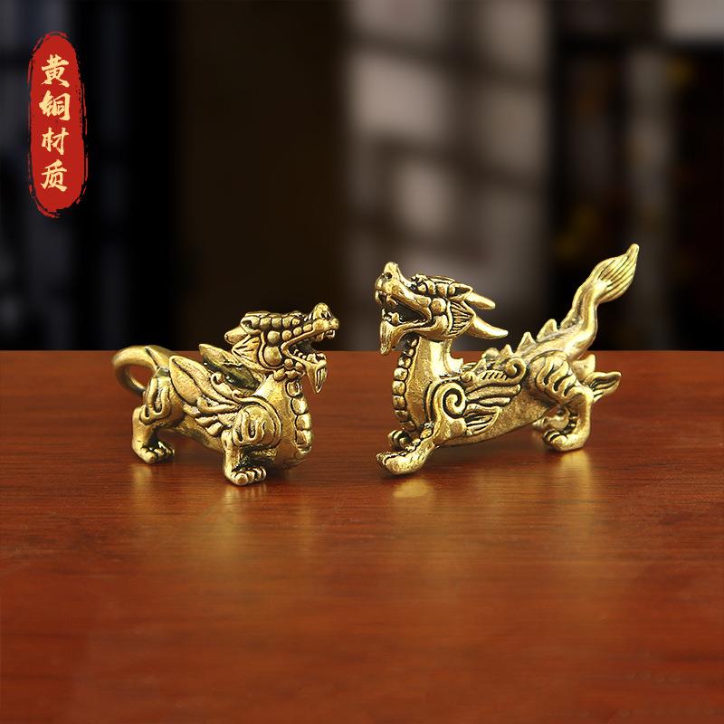 纯黄铜貔貅摆件公母一对客厅招财送福麒麟神兽摆件茶宠金属工艺礼