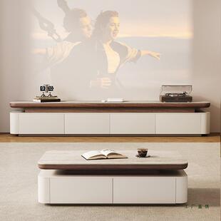 中古风实木岩板茶几客厅家用奶油风极简洞石茶几电视柜组合小户型