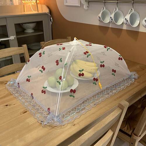居家绣花双骨支架收纳菜罩可折叠防尘食物罩防苍蝇餐桌罩饭厅罩子